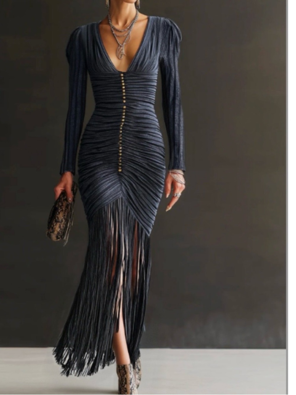 Midnight Navy Ruched Fringe Long-Sleeve V-Neck Dress